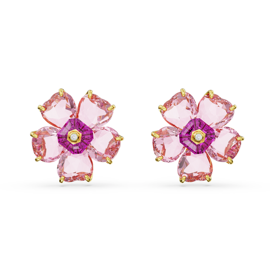 Florere stud earrings, Flower, Pink, Gold-tone plated
