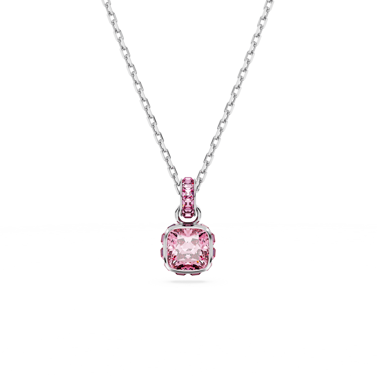 Birthstone pendant, Square cut, October, Pink, Rhodium plated