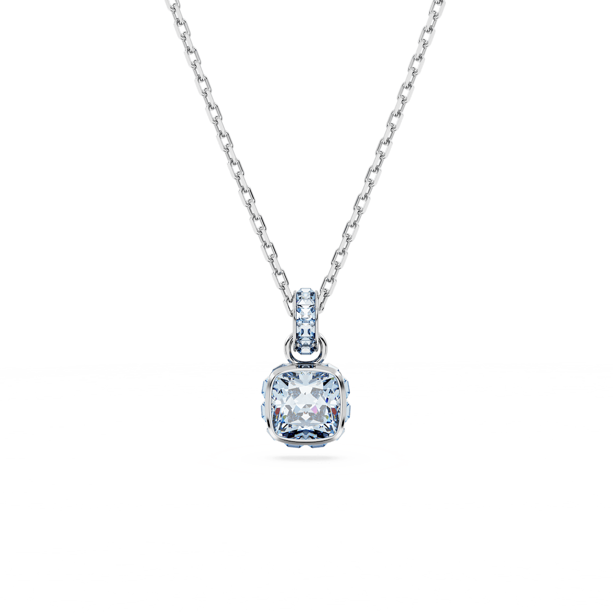 Birthstone pendant, Square cut, March, Blue, Rhodium plated