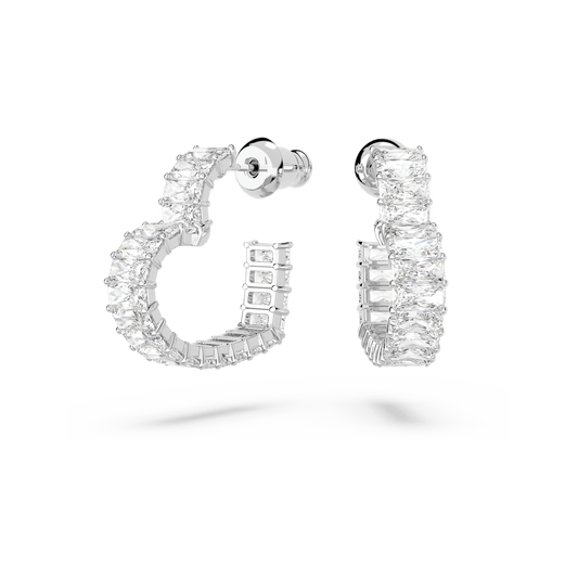 Matrix hoop earrings, Heart, Small, White, Rhodium plated