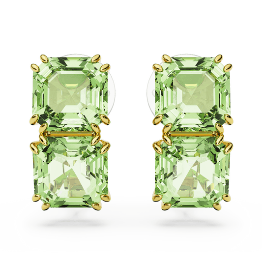 Millenia clip earrings, Square cut, Green, Gold-tone plated