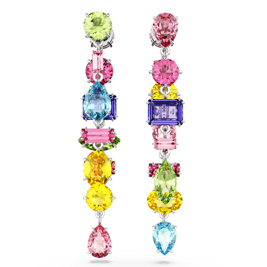 Gema drop earrings, Asymmetrical design, Mixed cuts, Long, Multicolored, Rhodium plated