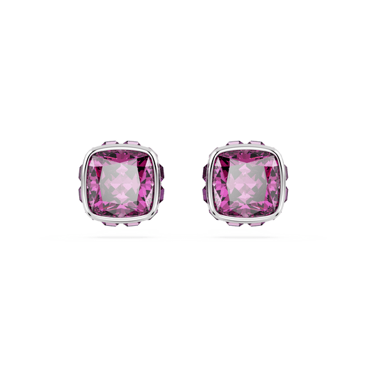 Birthstone stud earrings, Square cut, February, Pink, Rhodium plated