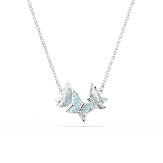 Lilia necklace, Butterfly, Blue, Rhodium plated