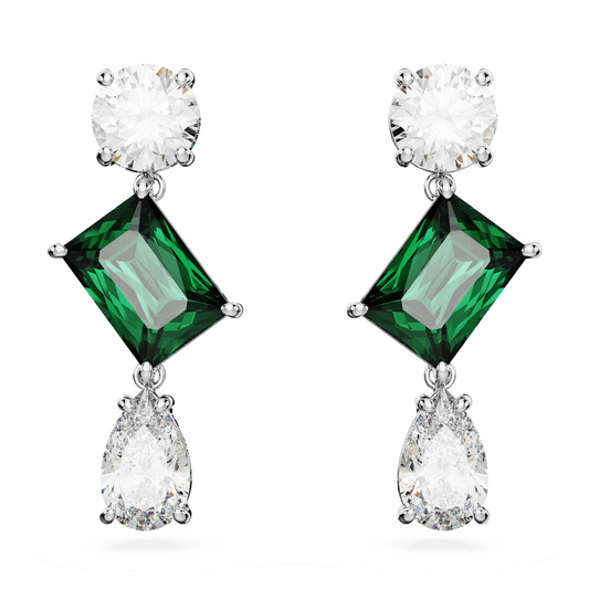 Mesmera drop earrings, Mixed cuts, Green, Rhodium plated