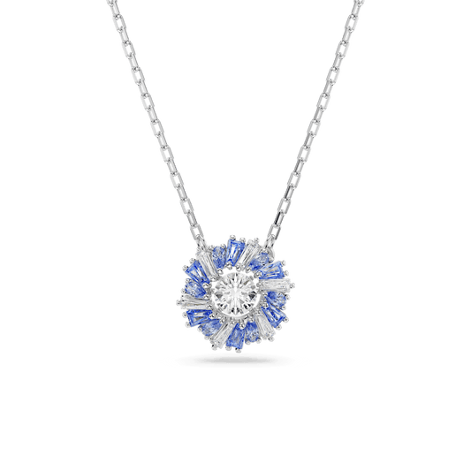 Idyllia pendant, Flower, Blue, Rhodium plated