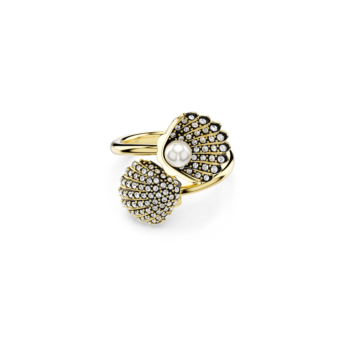 Idyllia open ring, Crystal pearl, Shell, White, Gold-tone plated