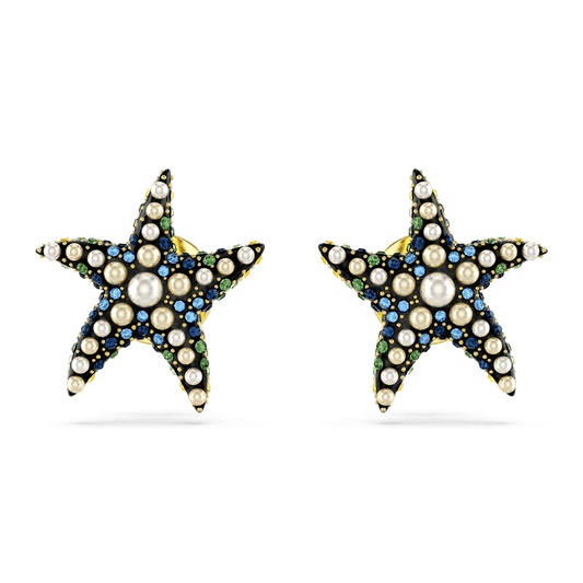 Idyllia stud earrings, Starfish, Small, Blue, Gold-tone plated