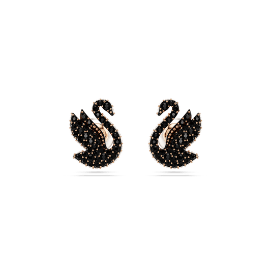 Swarovski Swan stud earrings, Swan, Black, Rose gold-tone plated