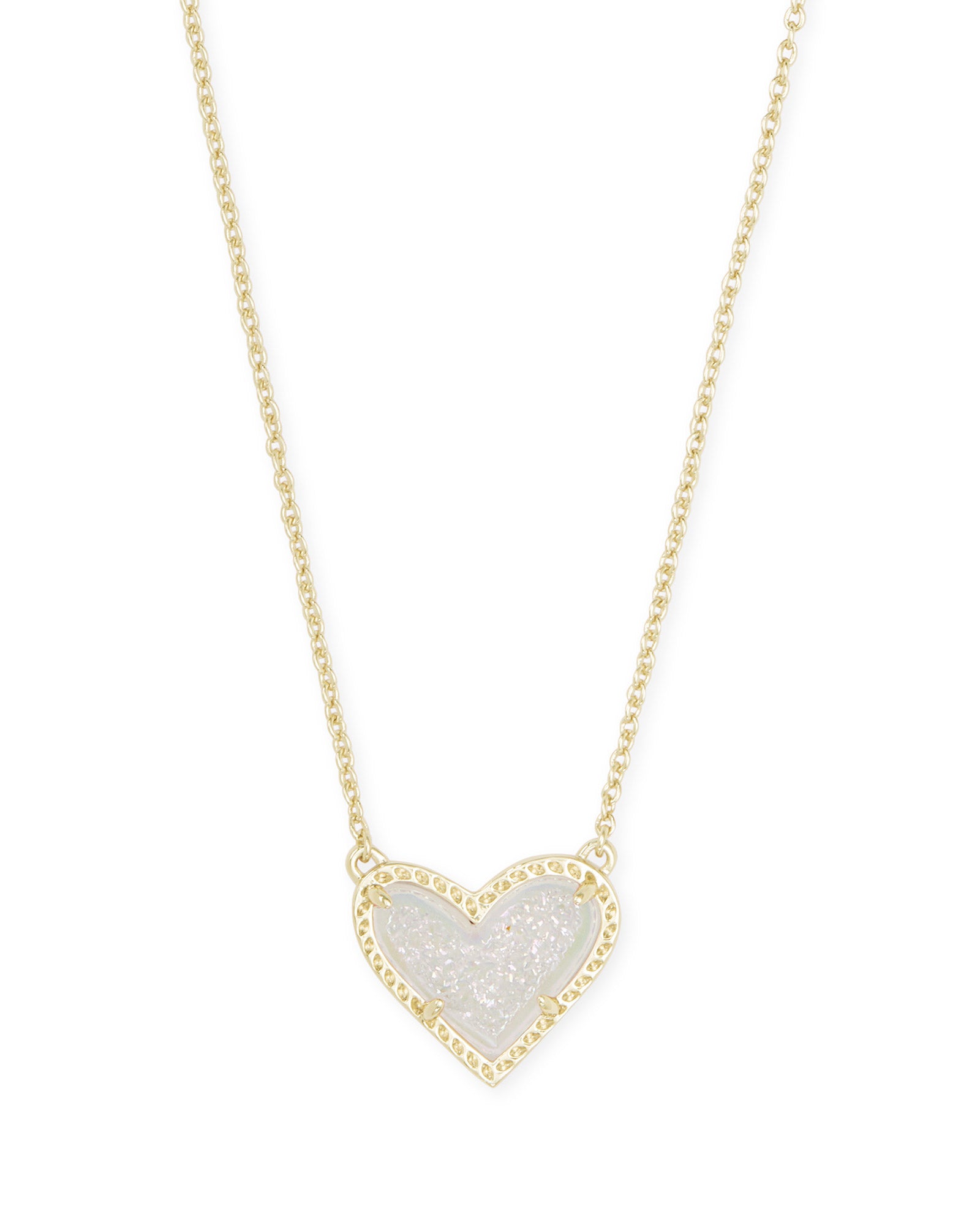 Kendra Scott ARI HEART SHORT PENDANT NECKLACE 4217704861 N1337RSG 0.49' L x 0.57' W pendant on 15'L chain + 2' extender GOLD IRIDESCENT DRUSY