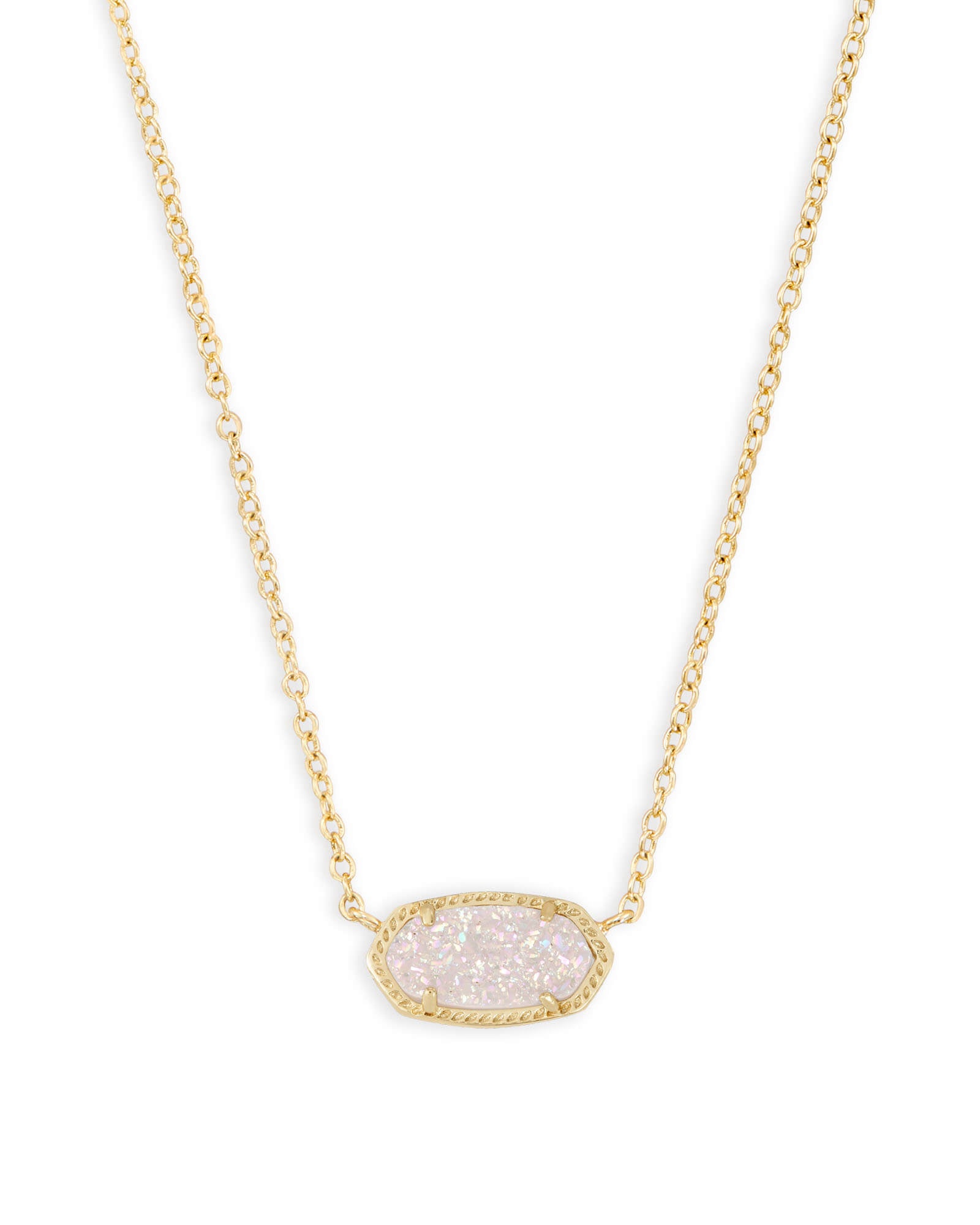 Kendra Scott ELISA SHORT PENDANT NECKLACE 4217709208 N5067RHD 0.63'L x 0.38'W stationary pendant, 15' chain with 2' extender GOLD IRIDESCENT DRUSY