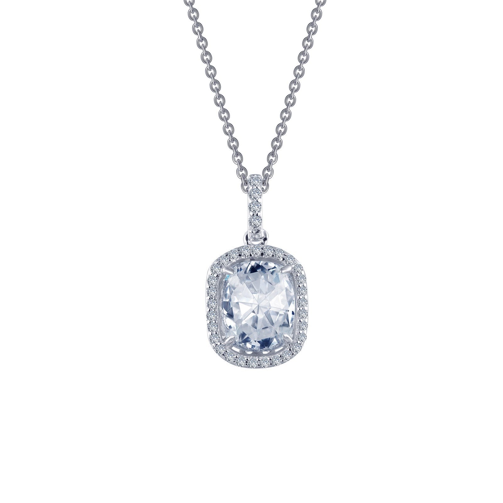 LaFonn Platinum Simulated Diamond Size: 8X6.5mm Cushion, Approx. 1.96 CTW NECKLACES Rose-Cut Halo Pendant Necklace