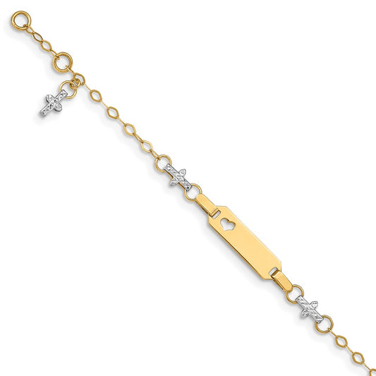 Quality Gold 14k Two-tone Baby Polished and Textured Cross w/1in ext. ID Bracelet Gold