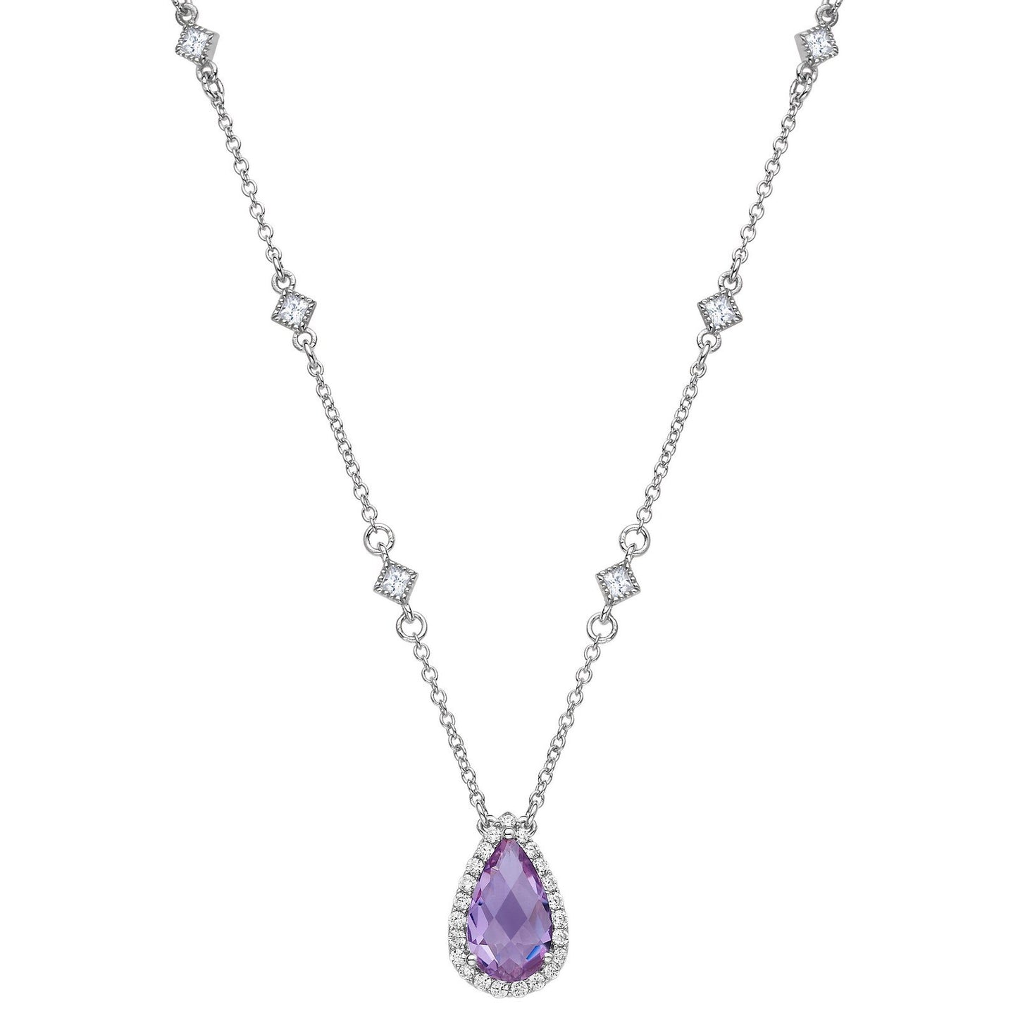 LaFonn Platinum Amethyst 12X7mm Pear, Amethyst, Approx. 2.98 CTW NECKLACES Genuine Amethyst Halo Necklace