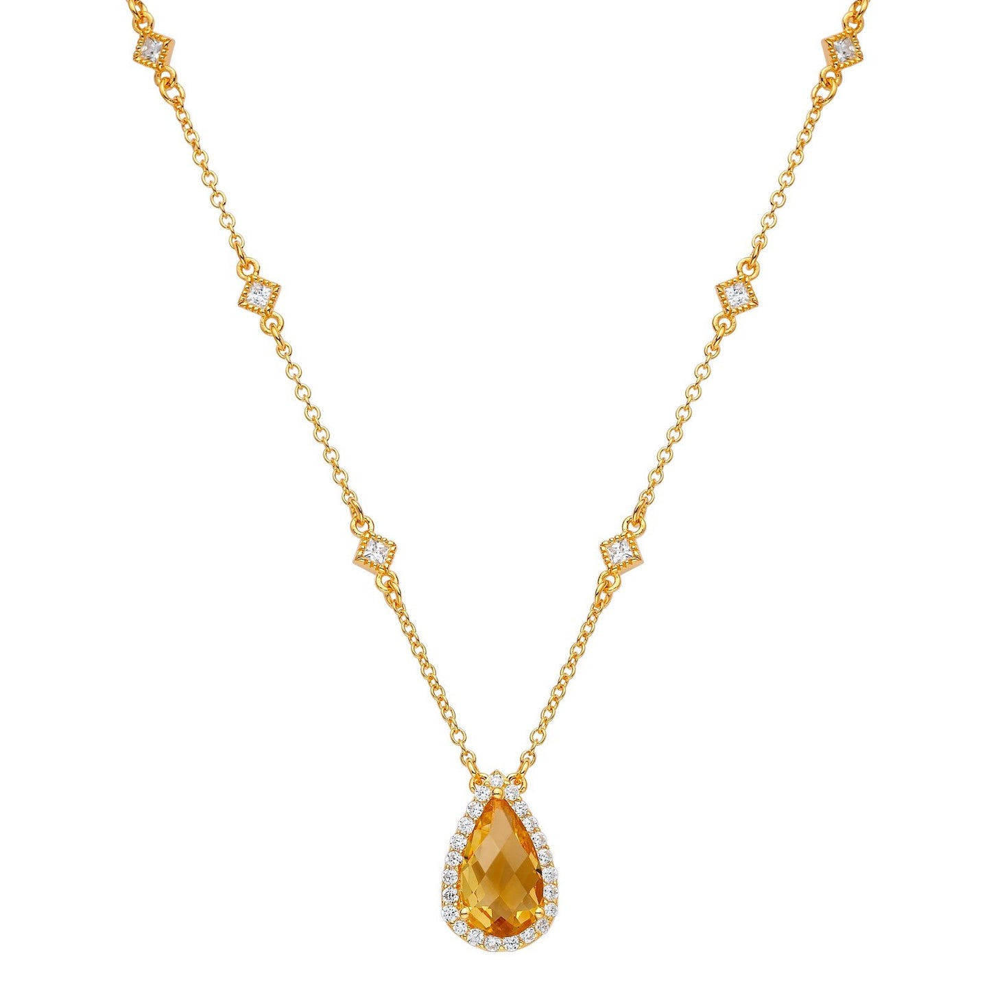 LaFonn Gold Citrine 12X7mm Pear, Citrine, Approx. 2.98 CTW NECKLACES Genuine Citrine Halo Necklace