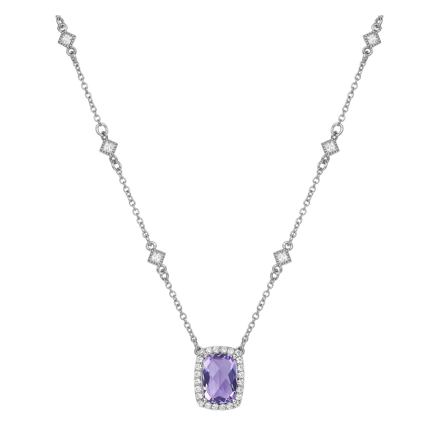 LaFonn Platinum Amethyst 10X7mm RECU, Amethyst, Approx. 3.21 CTW NECKLACES Genuine Amethyst Halo Necklace