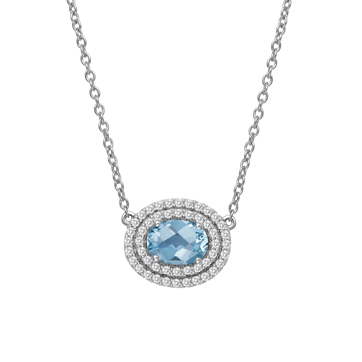 LaFonn Platinum Blue Topaz 7X5mm Oval, Blue Topaz, Approx. 0.76 CTW NECKLACES Genuine Blue Topaz Halo Necklace