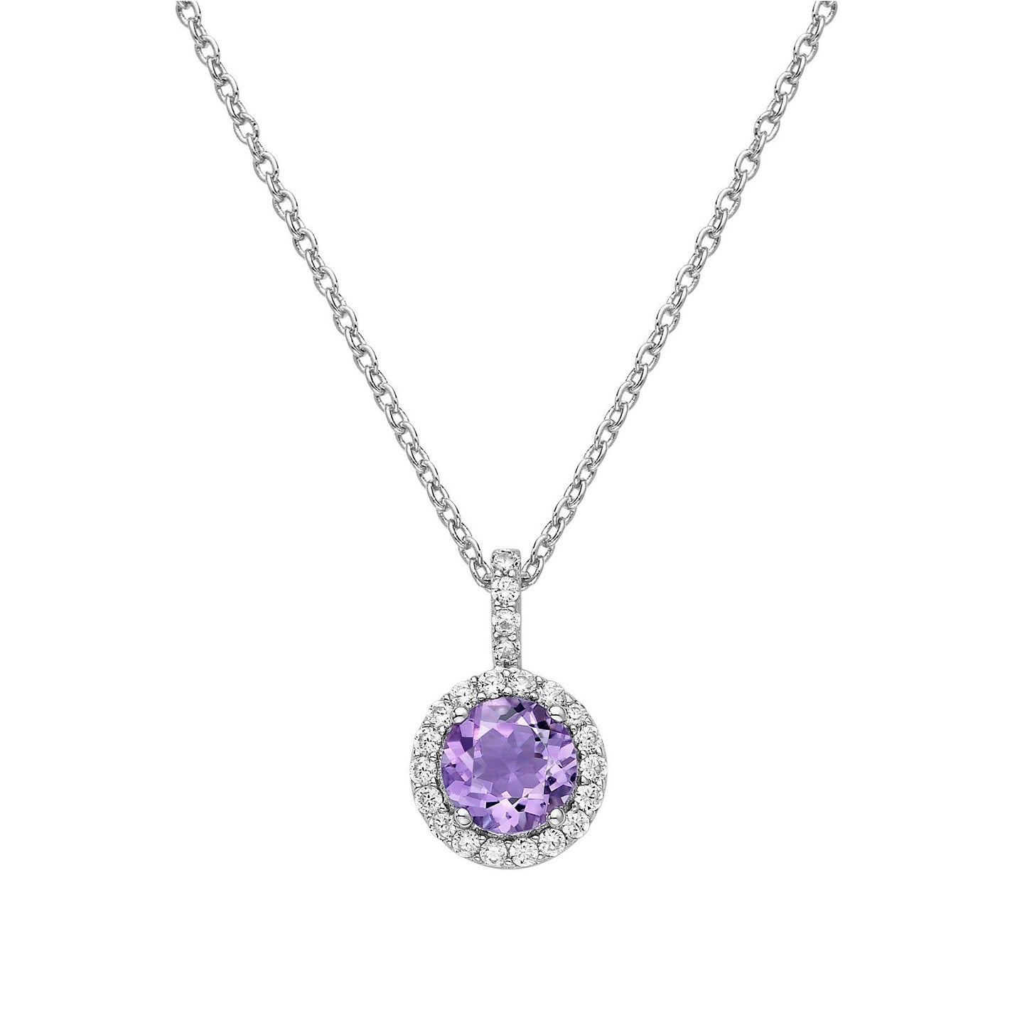 LaFonn Platinum Amethyst 6.00mm Round, Amethyst, Approx. 0.84 CTW NECKLACES Genuine Amethyst Halo Necklace