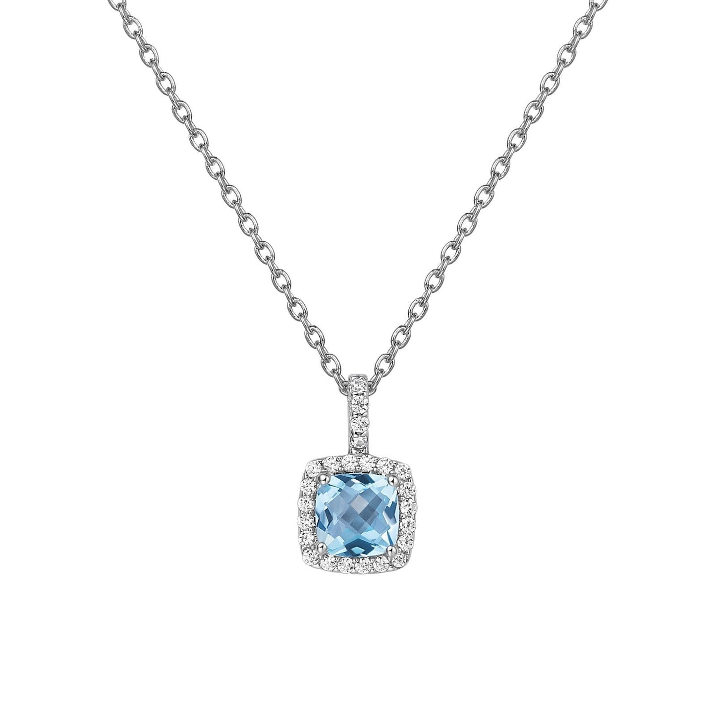 LaFonn Platinum Blue Topaz 6.00mm Cushion, Blue Topaz, Approx. 1.24 CTW NECKLACES Genuine Blue Topaz Halo Necklace