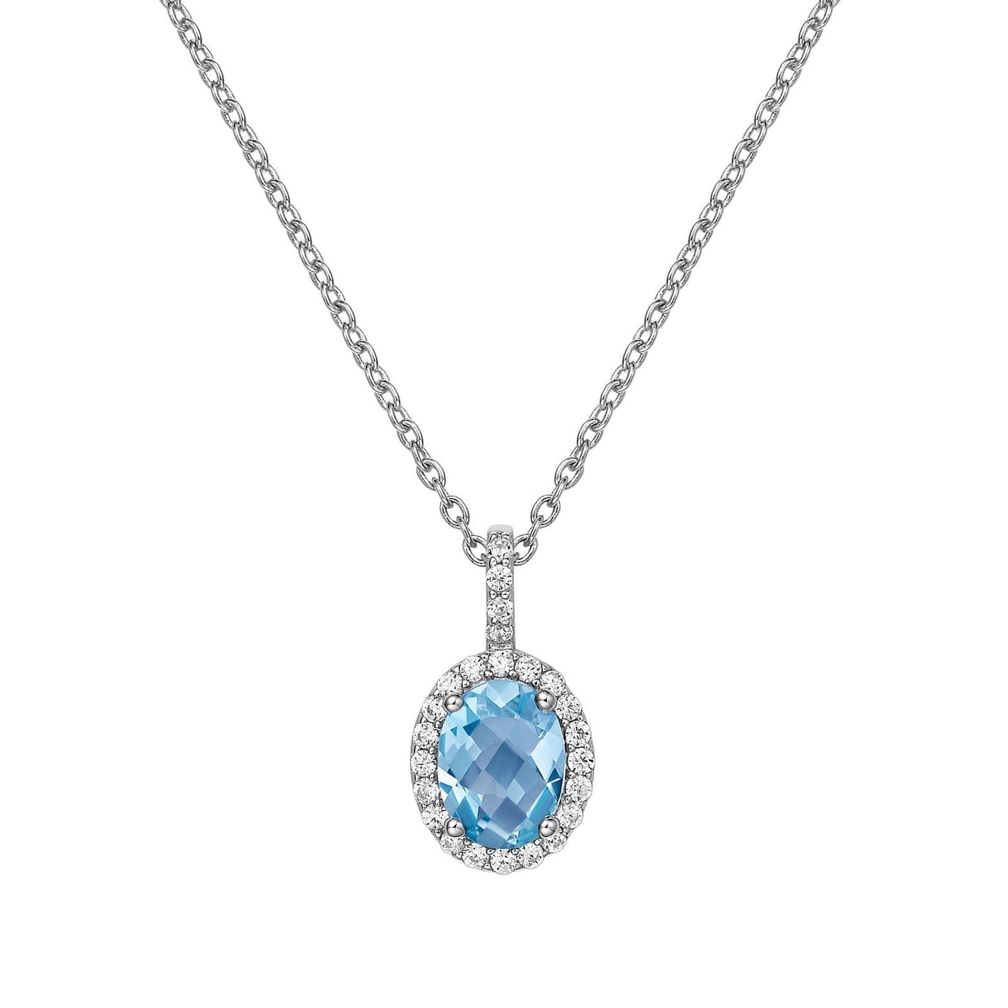 LaFonn Platinum Blue Topaz 8X6mm Oval, Blue Topaz, Approx. 1.21 CTW NECKLACES Genuine Blue Topaz Halo Necklace