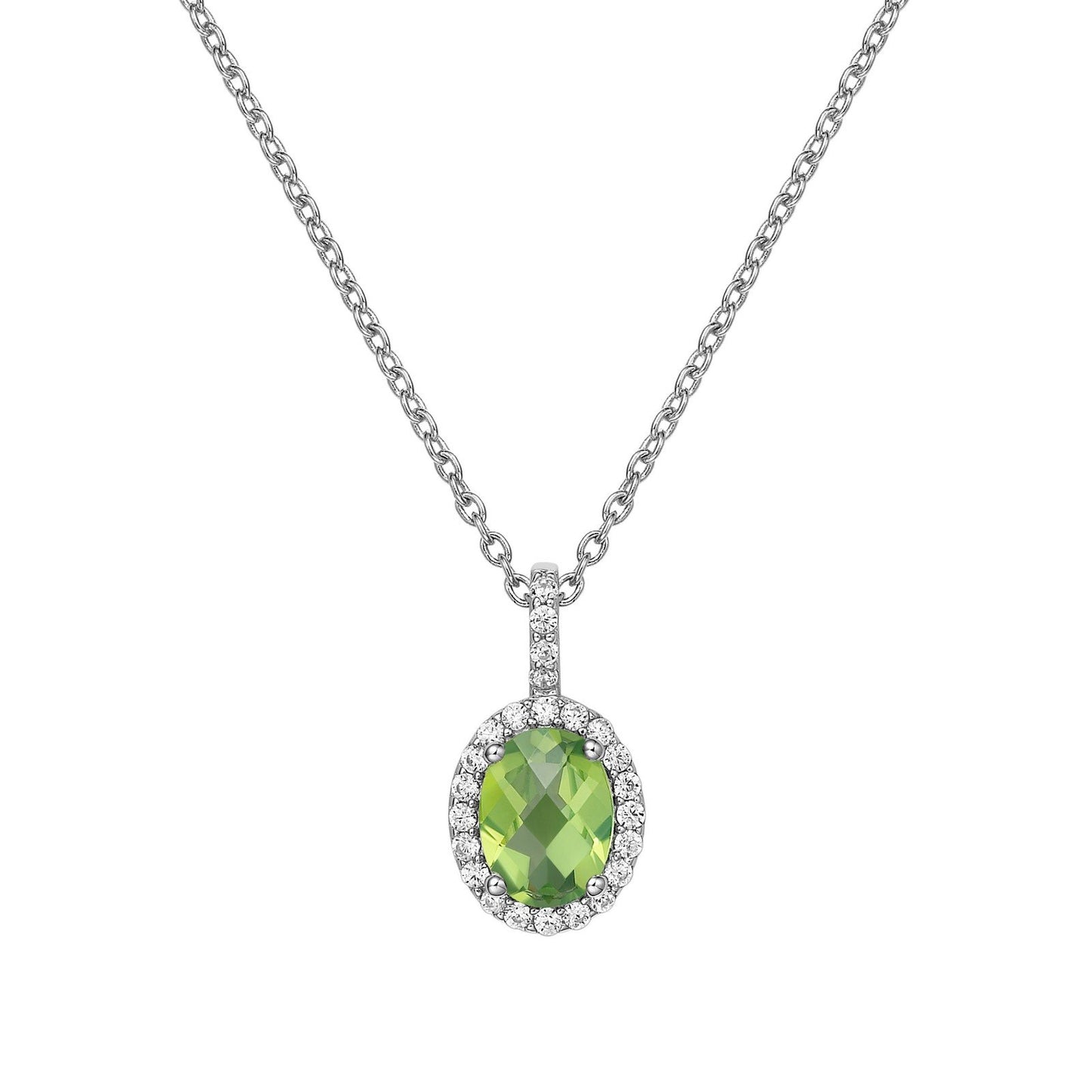 LaFonn Platinum Peridot 8X6mm Oval, Peridot, Approx. 1.21 CTW NECKLACES Genuine Peridot Halo Necklace