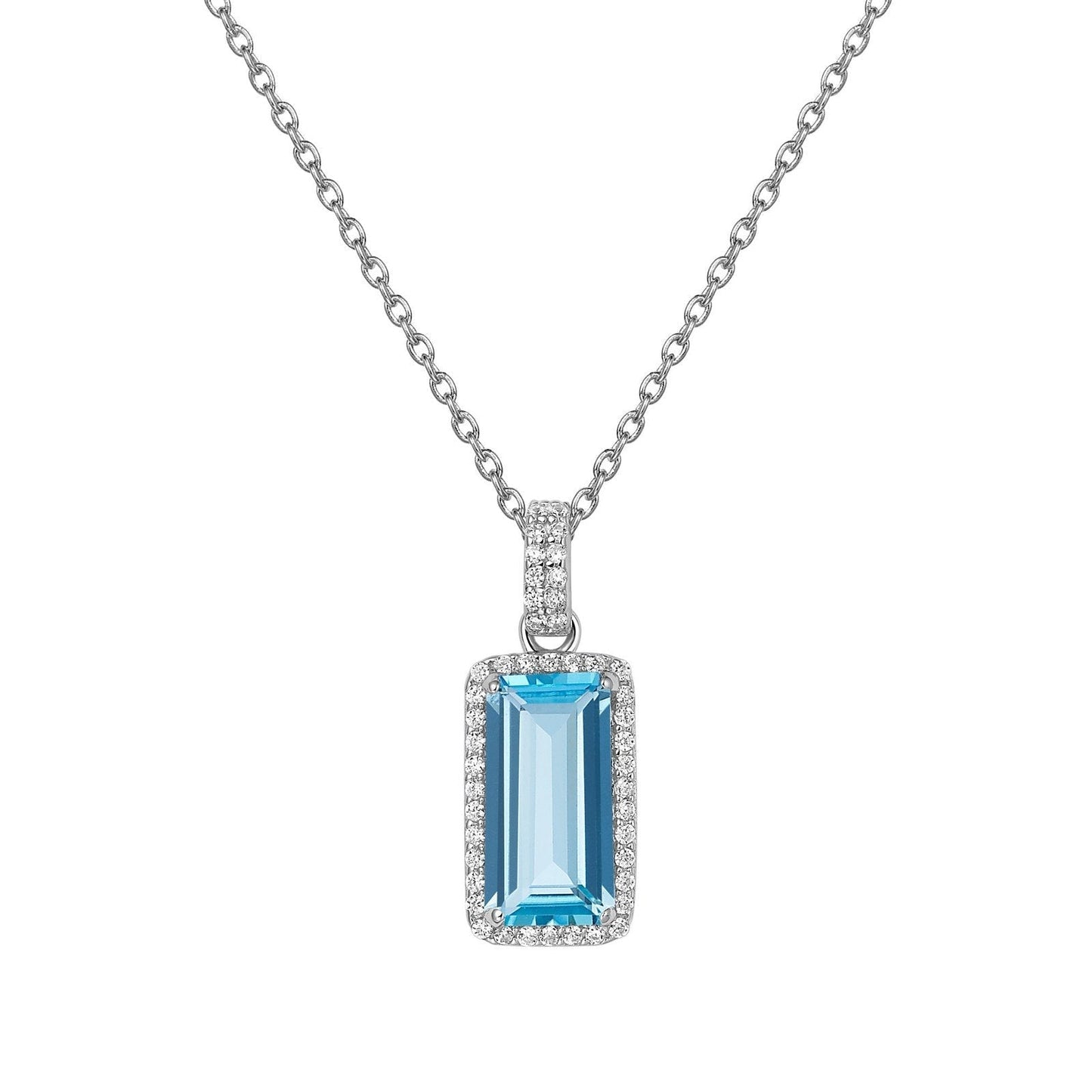 LaFonn Platinum Blue Topaz 12X6mm Emerald, Blue Topaz, Approx. 3.79 CTW NECKLACES Genuine Blue Topaz Halo Necklace