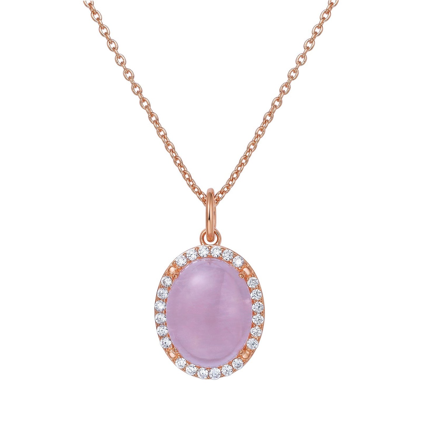 LaFonn Rose Gold Rose Quartz 14X11mm Oval, Rose Quartz, Approx. 6.05 CTW NECKLACES Genuine Rose Quartz Halo Necklace