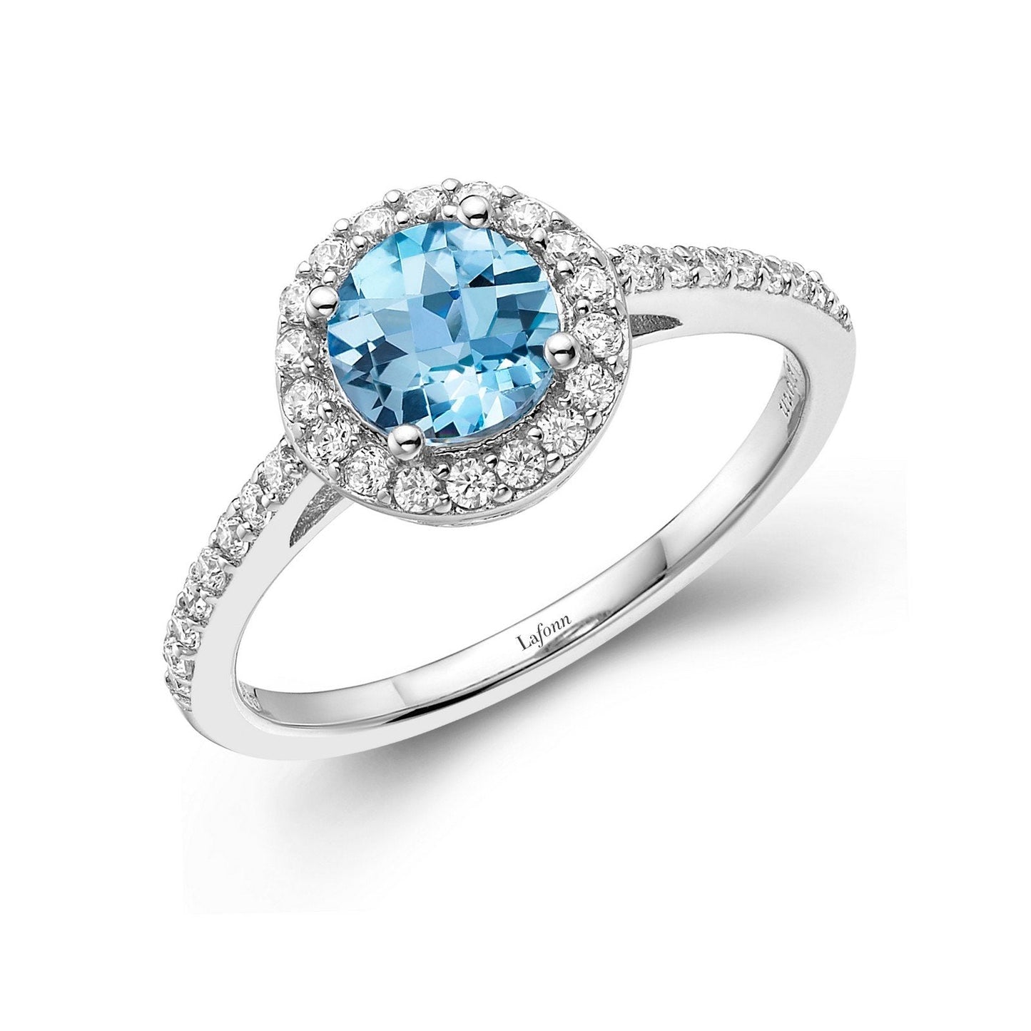LaFonn Platinum Blue Topaz 6.00mm Round, Blue Topaz, Approx. 0.84 CTW RINGS Genuine Blue Topaz Halo Ring