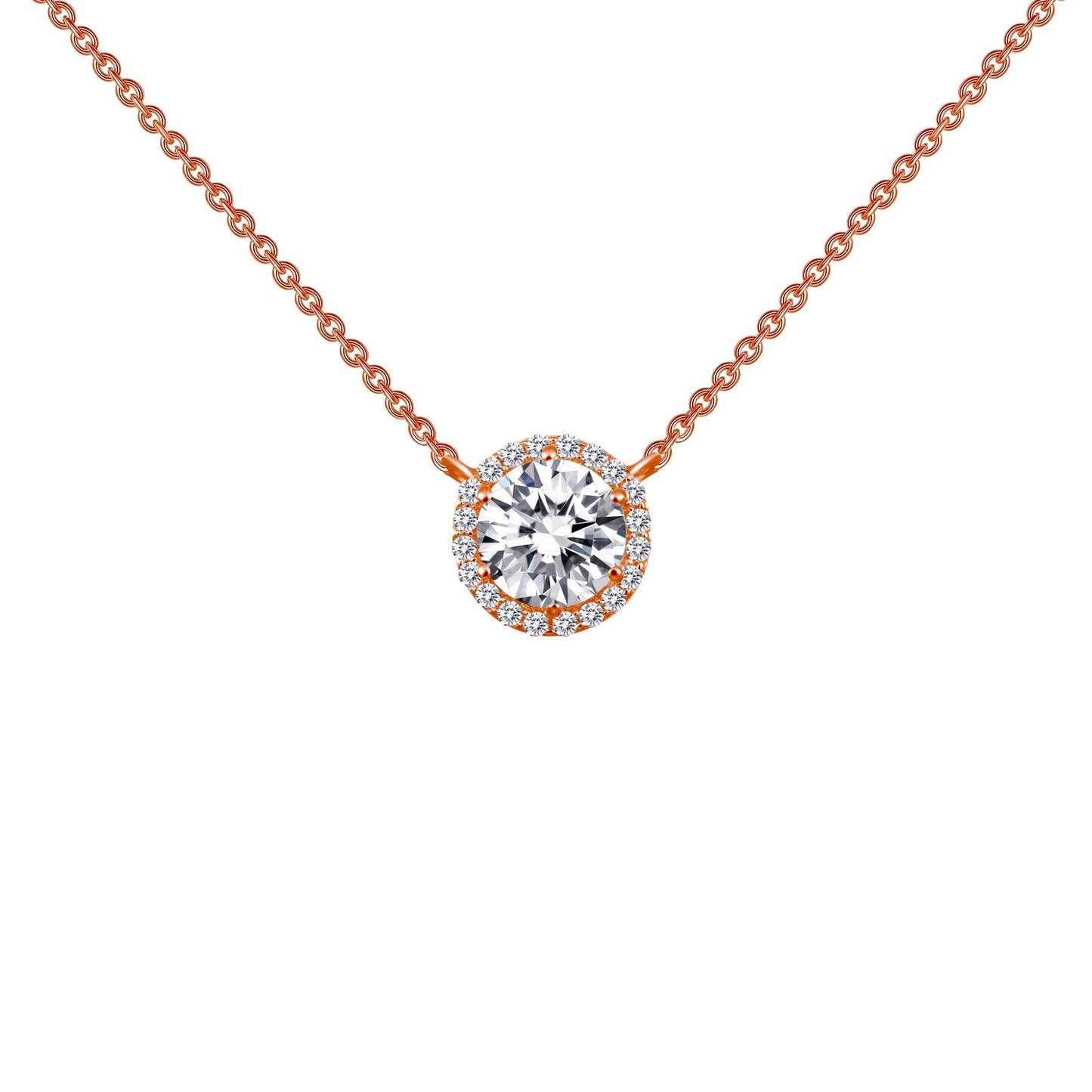 LaFonn Rose Gold Simulated Diamond 6.50mm Round, Approx. 1.03 CTW NECKLACES 1.23 CTW Halo Necklace