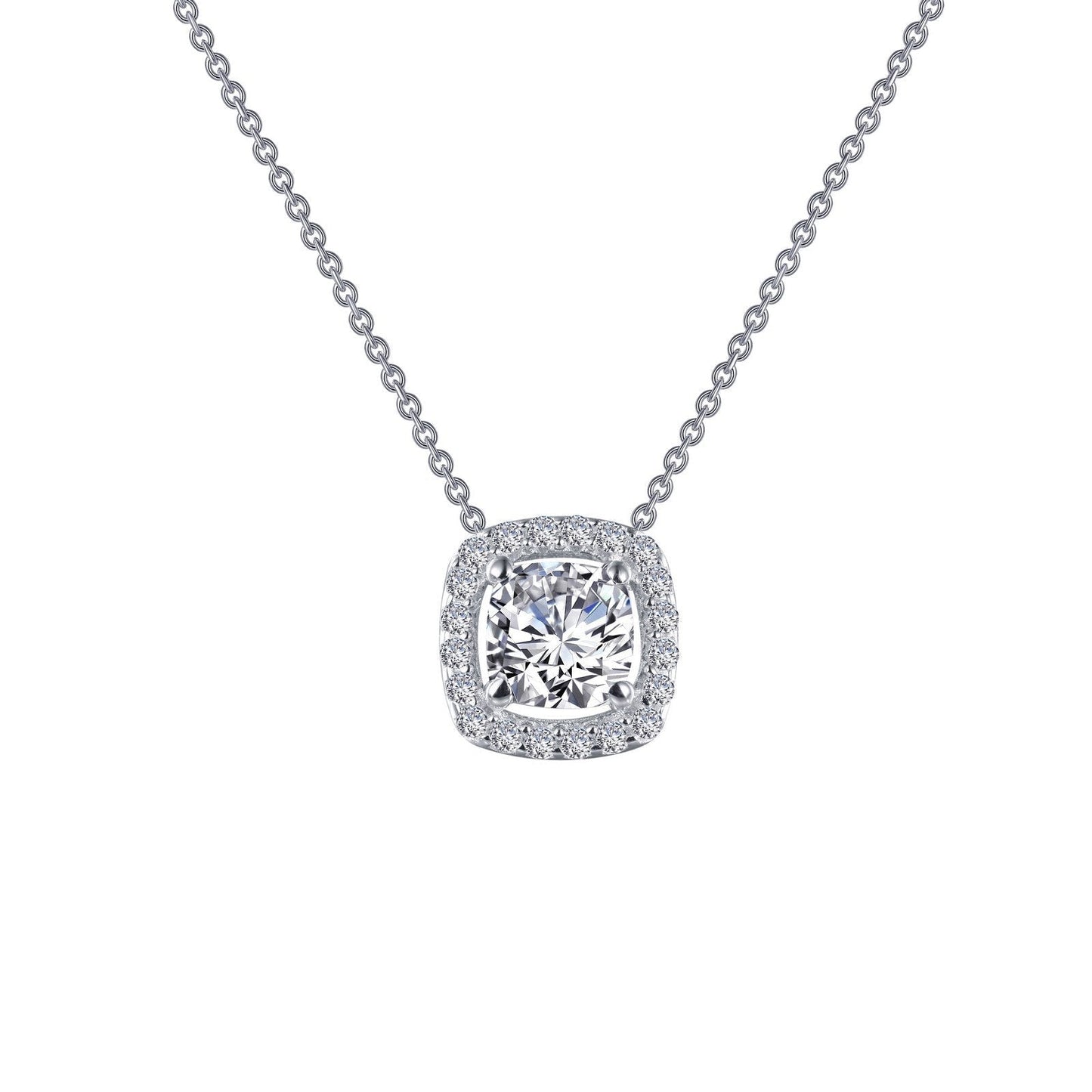 LaFonn Platinum Simulated Diamond 4.50mm Cushion, Approx. 0.56 CTW NECKLACES Cushion-Cut Halo Necklace