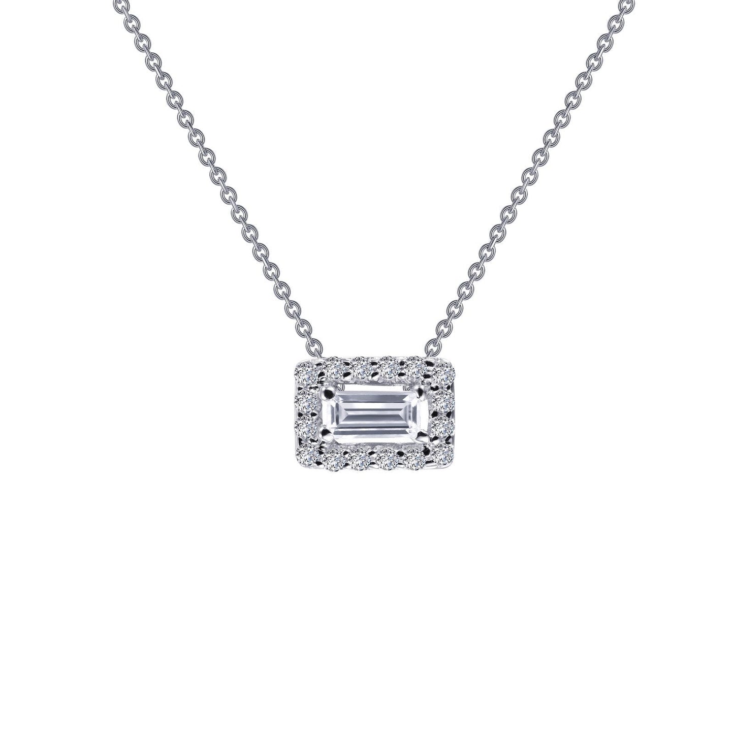 LaFonn Platinum Simulated Diamond 4X2mm Baguette, Approx. 0.15 CTW NECKLACES Baguette Halo Necklace