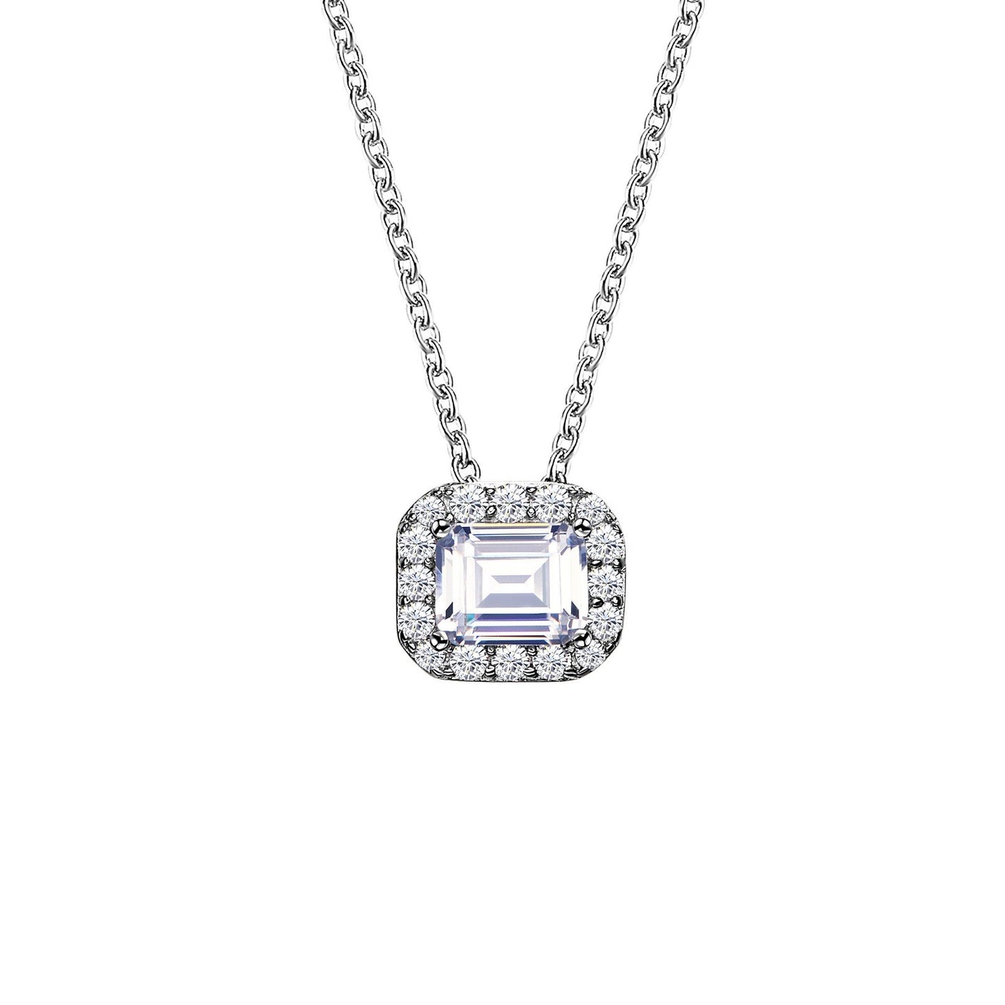 LaFonn Platinum Simulated Diamond 5X4mm Emerald, Approx. 0.35 CTW NECKLACES Emerald-Cut Halo Necklace