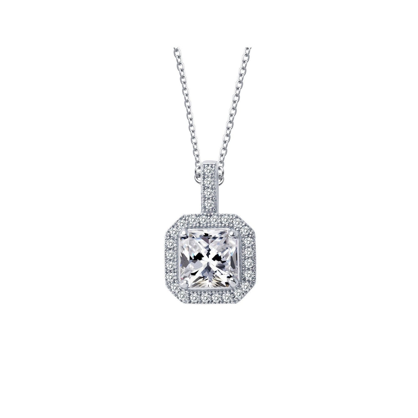 LaFonn Platinum Simulated Diamond 6.00mm Square, Approx. 1.24 CTW NECKLACES 1.52 CTW Halo Pendant Necklace