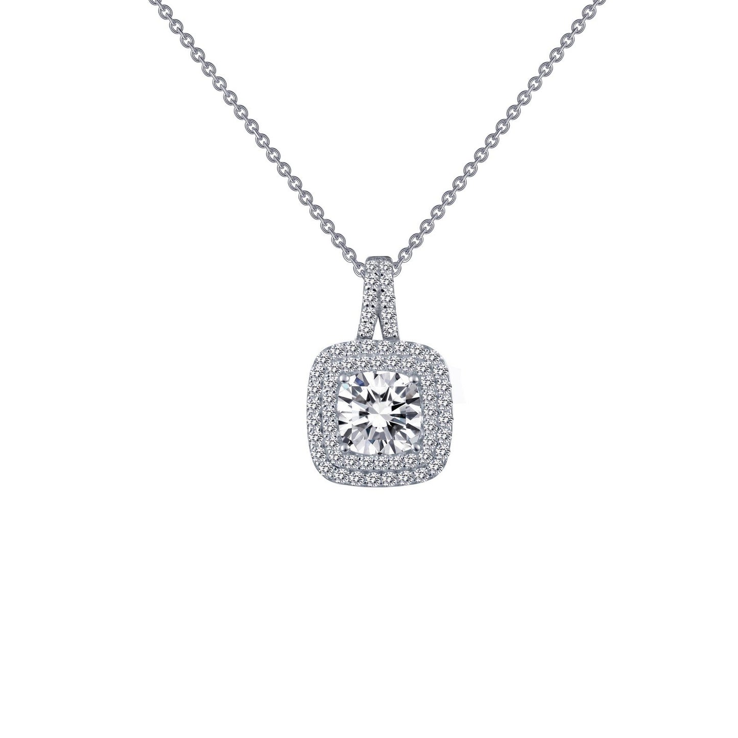 LaFonn Platinum Simulated Diamond 6.00mm Cushion, Approx. 1.24 CTW NECKLACES 2.06 CTW Halo Pendant Necklace
