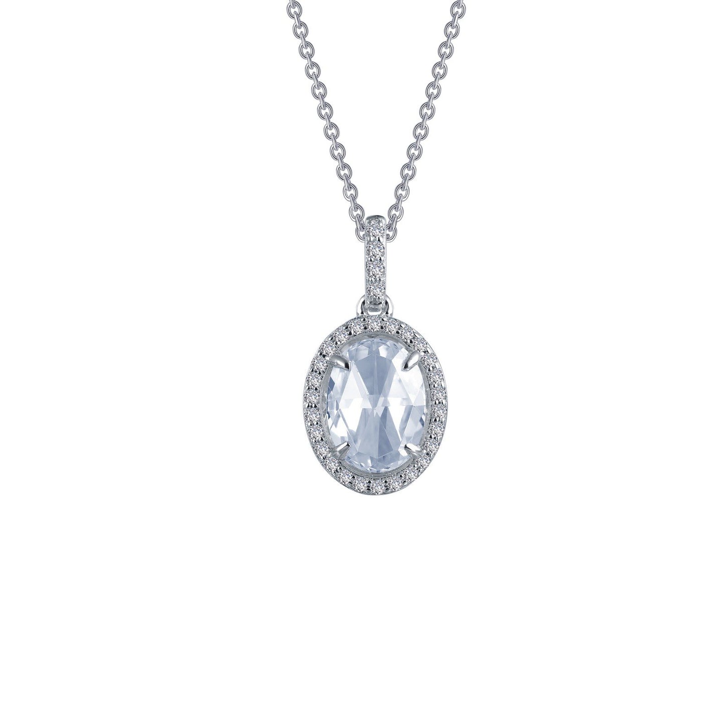 LaFonn Platinum Simulated Diamond 8X6mm Oval, Approx. 1.21 CTW NECKLACES 1.51 CTW Halo Pendant Necklace