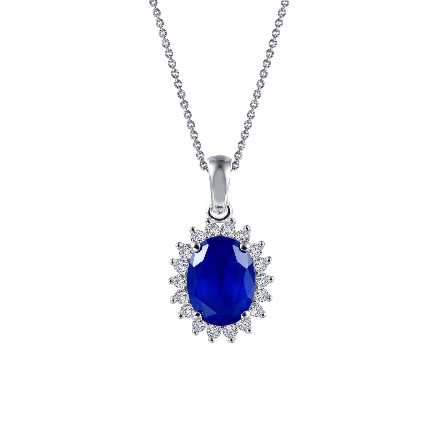 LaFonn Platinum Sapphire 8X6mm Oval, Approx. 1.21 CTW NECKLACES Classic Halo Pendant Necklace