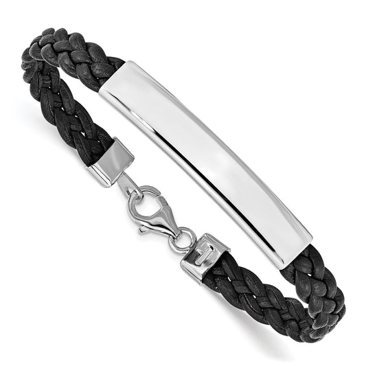 Quality Gold Sterling Silver Rhodium-plated Black Braided Leather Bracelet Sterling Silver