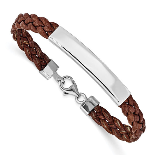 Quality Gold Sterling Silver Rhodium-plated Brown Braided Leather Bracelet Sterling Silver