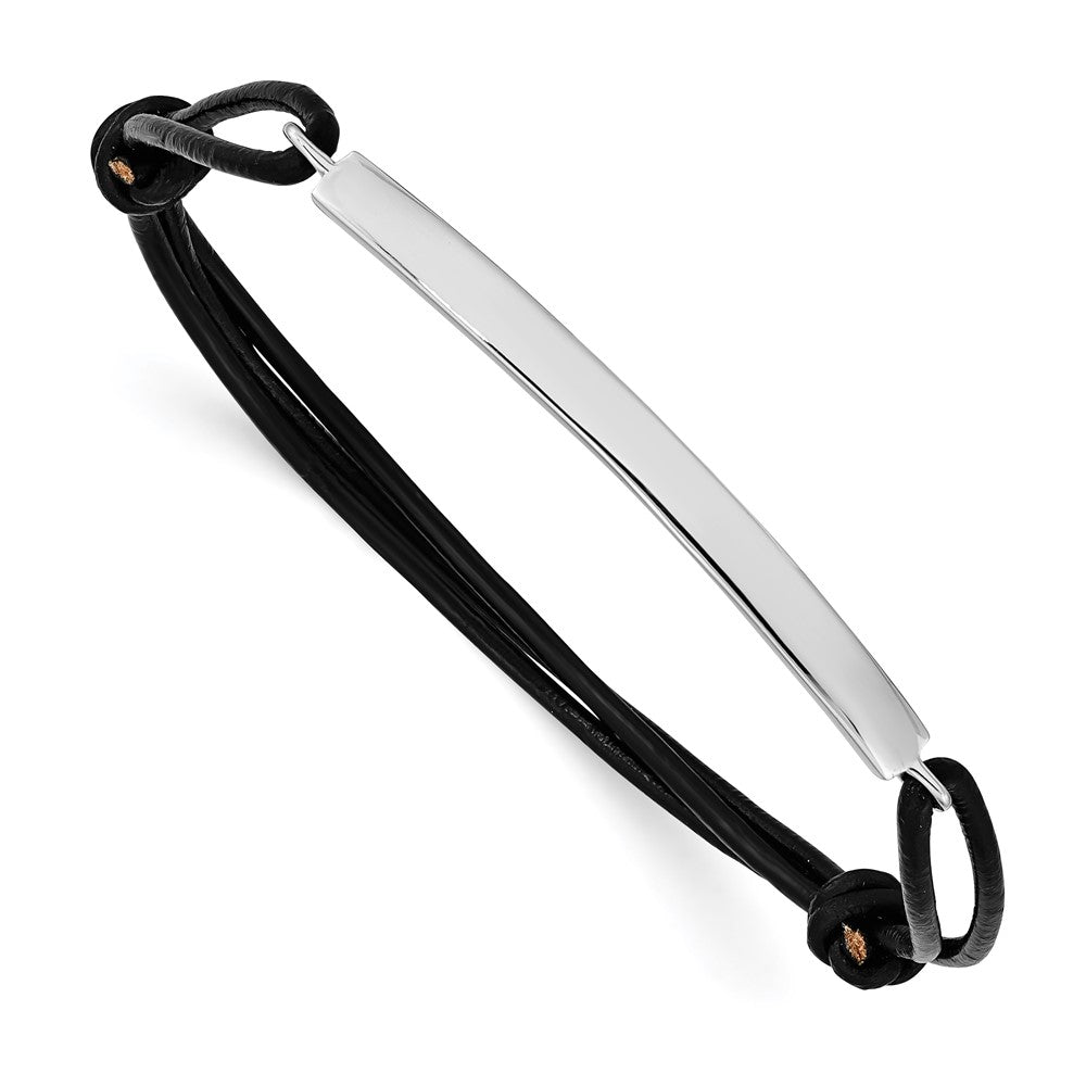 Quality Gold Sterling Silver Rhodium-plated ID Plate w/Black Leather Adjustable Bracelet Sterling Silver