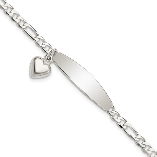 Quality Gold Sterling Silver Polished Figaro ID Heart Dangle Bracelet Sterling Silver