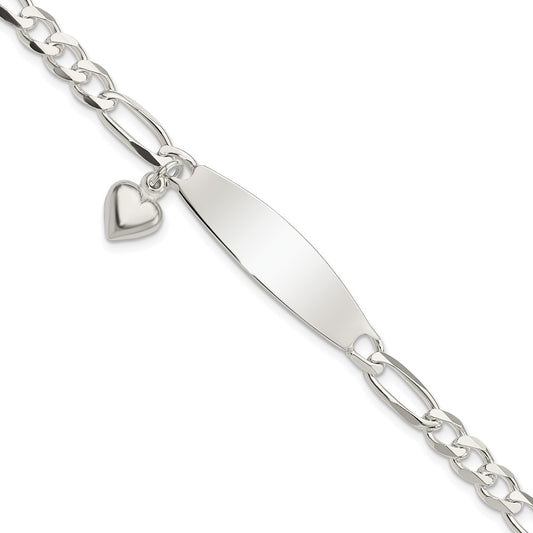 Quality Gold Sterling Silver Polished Figaro ID Heart Dangle Bracelet Sterling Silver
