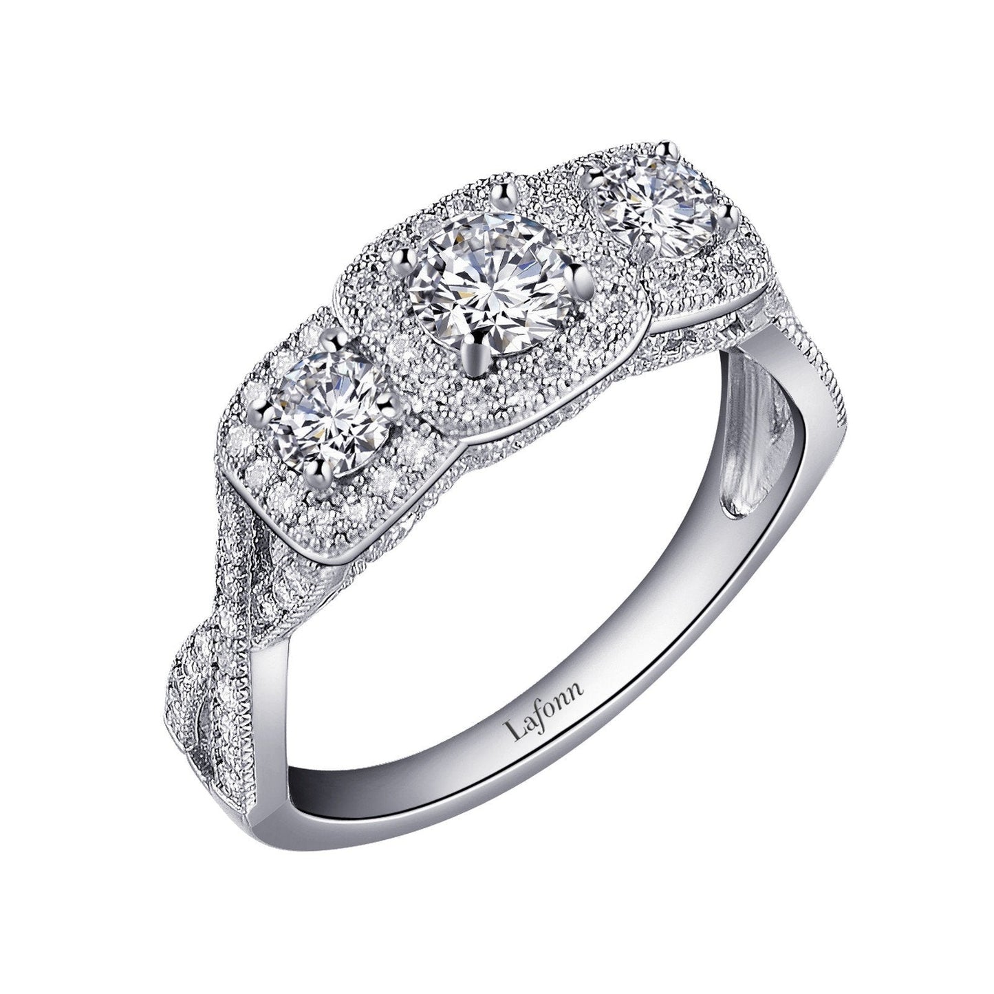 LaFonn Platinum Simulated Diamond 4.50mm Round, Approx. 0.36 CTW RINGS Three-Stone Halo Engagement Ring