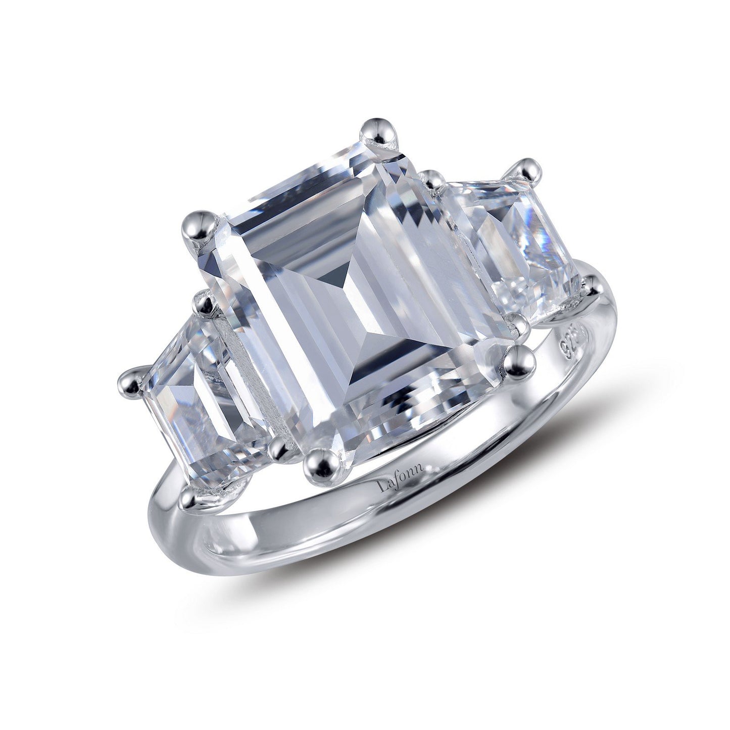 LaFonn Platinum Simulated Diamond 10x8mm Emerald, Approx. 3.79 CTW RINGS Classic Three-Stone Engagement Ring