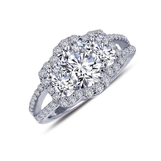 LaFonn Platinum Simulated Diamond 7x5mm Cushion, Approx. 1.30 CTW RINGS Three-Stone Halo Engagement Ring