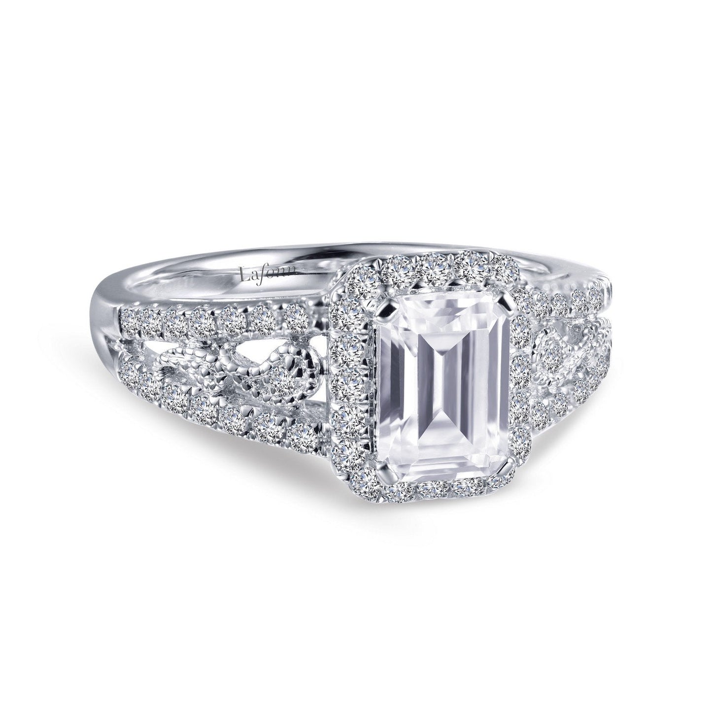 LaFonn Platinum Simulated Diamond 7x5mm Emerald, Approx. 1.06 CTW RINGS Vintage Inspired Engagement Ring