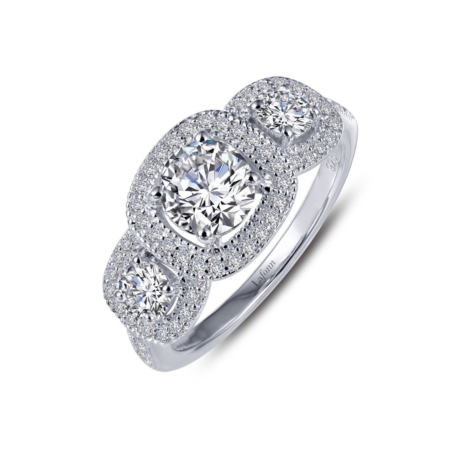 LaFonn Platinum Simulated Diamond 5.50mm Round, Approx. 0.66 CTW RINGS Three-Stone Halo Engagement Ring