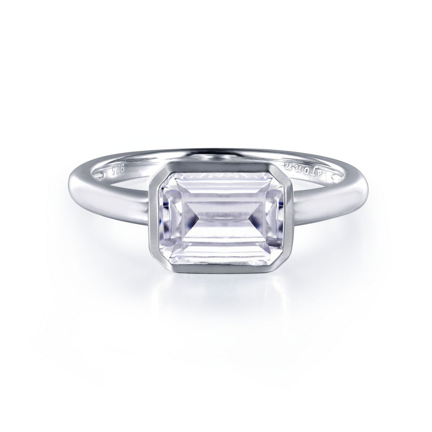 LaFonn Platinum Simulated Diamond 8X6mm Emerald, Approx. 1.74 CTW RINGS Bezel-Set Solitaire Engagement Ring