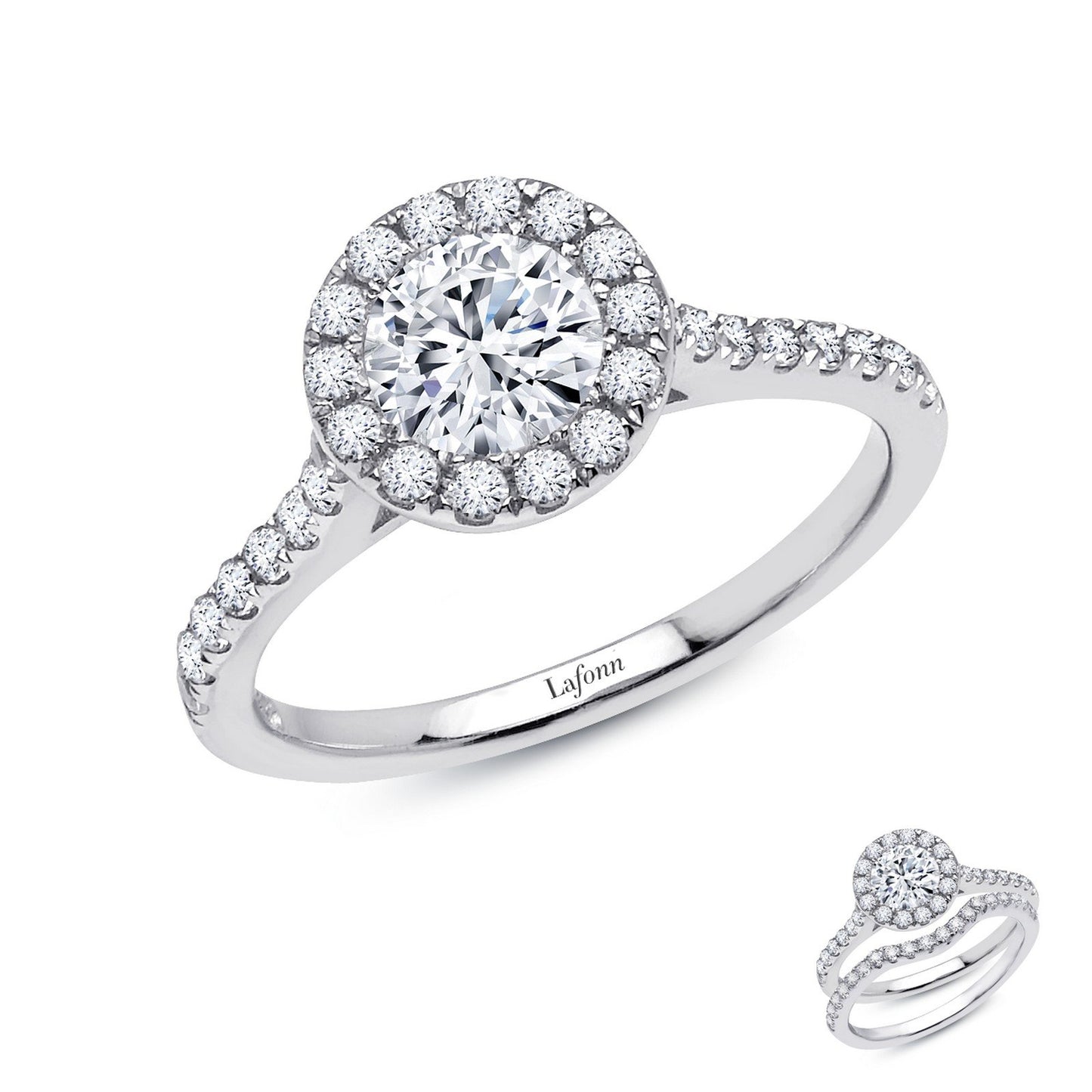 LaFonn Platinum Simulated Diamond 6.00mm Round, Approx. 0.84 CTW RINGS 1.2 CTW Halo Engagement Ring