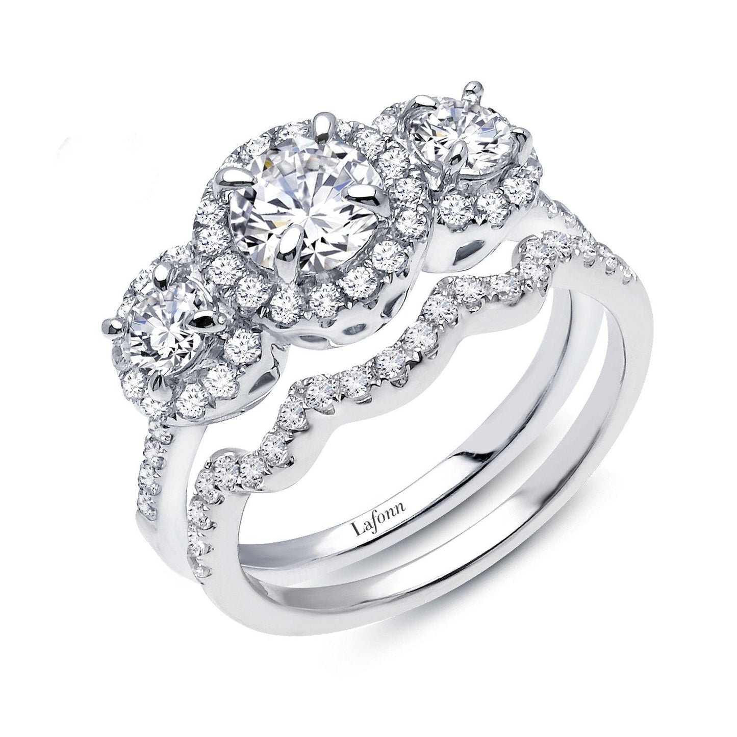 LaFonn Platinum Simulated Diamond 6.00mm Round, Approx. 0.84 CTW RINGS Three-Stone Halo Wedding Set