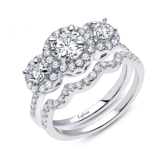 Lafonn Three-Stone Halo Wedding Set Simulated Diamond RINGS Size 10 Platinum 2.32 CTS